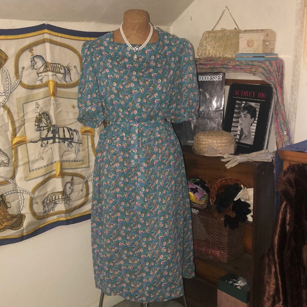 Vintage 80’s does 40’s floral dress- slightly sheer, lightweight- puffed sleeves